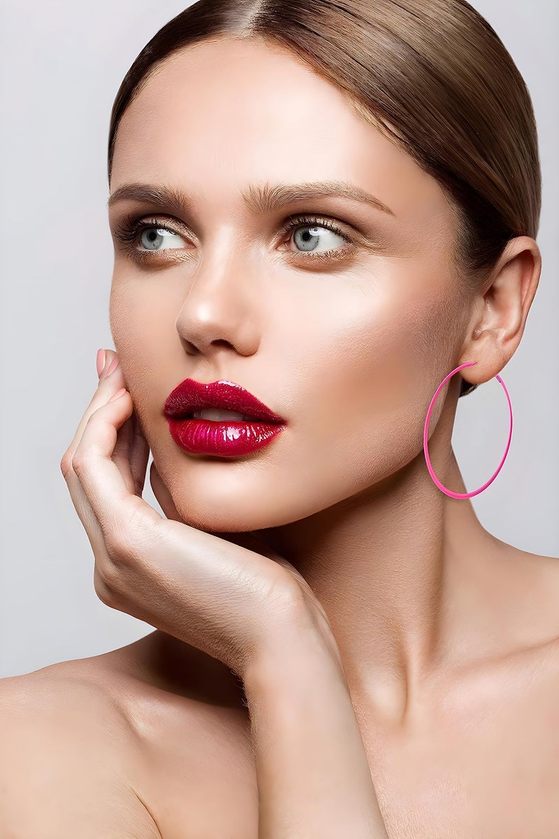 IDB Productions IDB Pink Hoop Earrings for Women, 2.3 Inch (60mm) Classic Stainless Steel Hot Pink Hoops, Elegant and Durable 80's Retro Style - Image 3